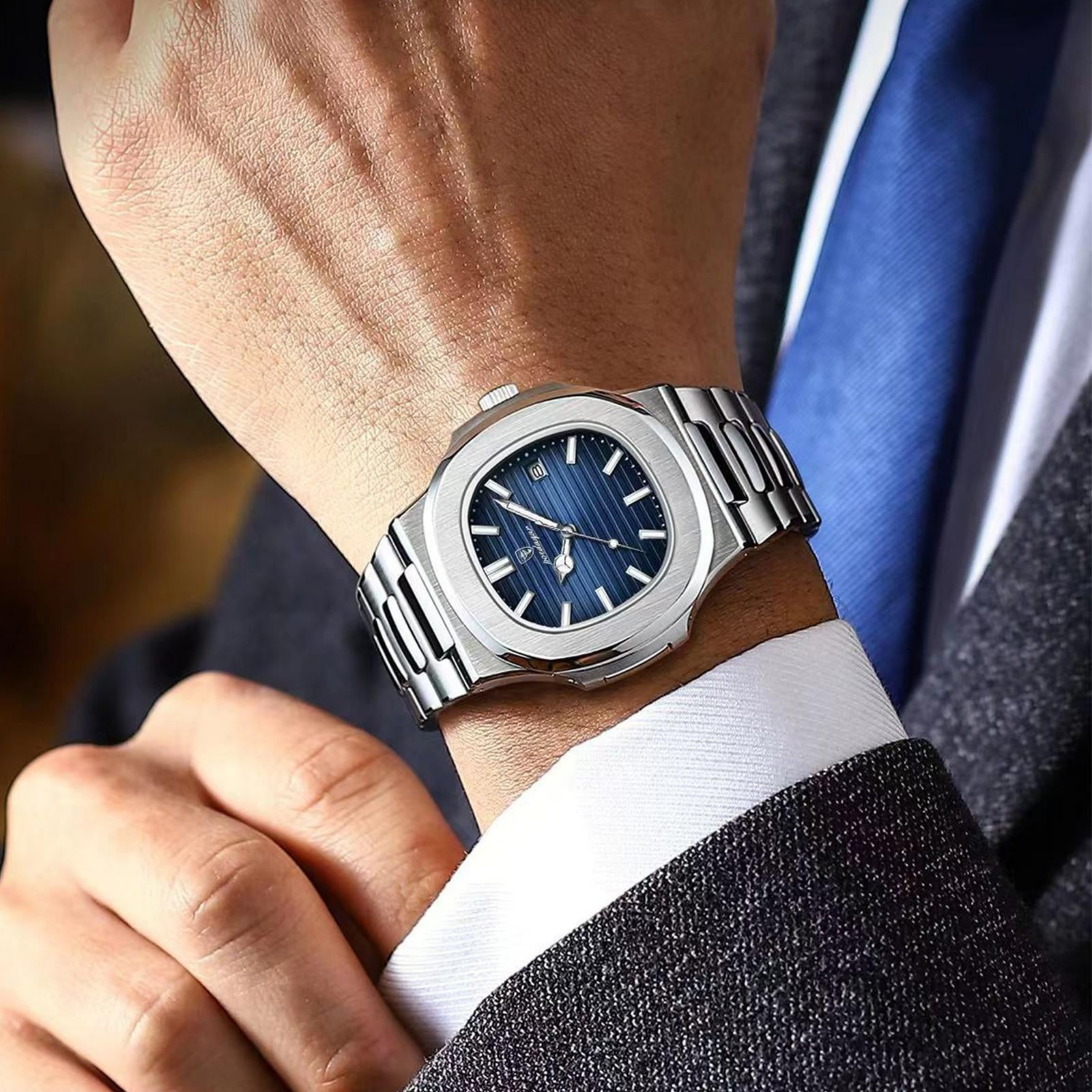 POEDAGAR Luxury Silver & Blue Quartz Sports Watch for Men